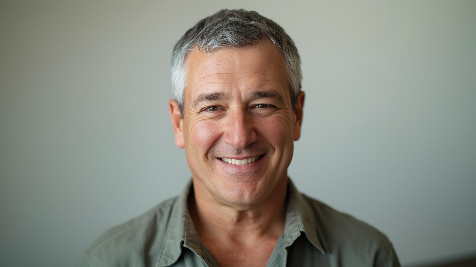 portrait of an irish man in his 50s, kind face, short grey hair, wearing a simple work shirt. soft natural light, plain background, warm expression, photorealistic, close up.